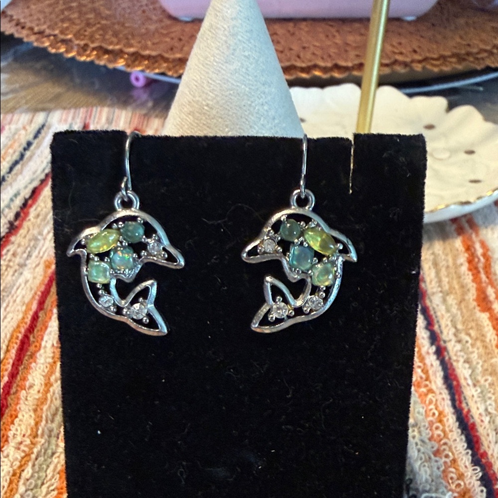 The Limited Silver Dolphin Earrings with Green Accents